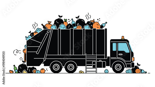 Large black garbage truck overflowing with trash bags and bottles illustrating waste management and pollution issues.