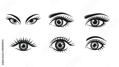 Collection of six detailed black and white female eye illustrations with different styles of eyelashes and eyebrows.
