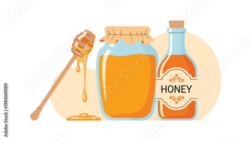 Natural honey products featuring a glass jar full of honey, a bottle, and a wooden honey dipper on a background.