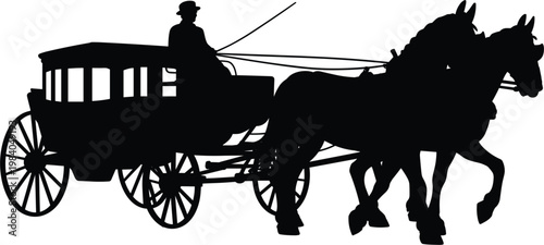 Horse carriage silhouette, vintage transport scene with driver for historical travel illustration