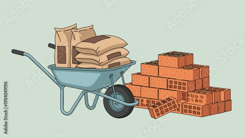 Construction materials featuring a wheelbarrow loaded with bags of cement next to a large pile of red bricks.