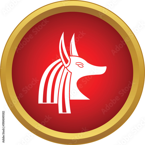 Anubis, ancient egyptian god of the dead, depicted as a white silhouette on a red circle with a golden border