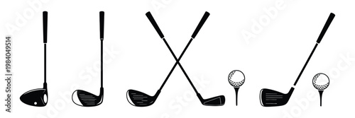 Golf Club Icon Vector Set, Professional Golfing Equipment Symbols Collection, Sport Illustration Pack with Golf Clubs, Balls and Tee Signs, Modern Flat Design Golf Logo Elements