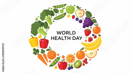 Flat lay of a vibrant World Health Day logo composed of various fruits and vegetables on a clean white background with a colorful and healthy mood.
