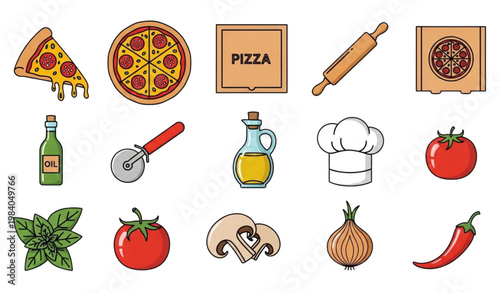 A set of colorful vector icons depicting various pizza ingredients and cooking tools