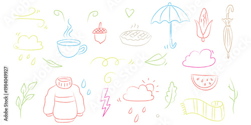 Hand drawn colorful autumn and weather doodle set with seasonal icons. Creative collection of rain, umbrella, cozy sweater, and nature symbols for fall design. Vector Illustration.