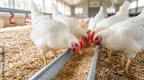 White chickens eating feed from a trough in a clean coop, poultry farming concept