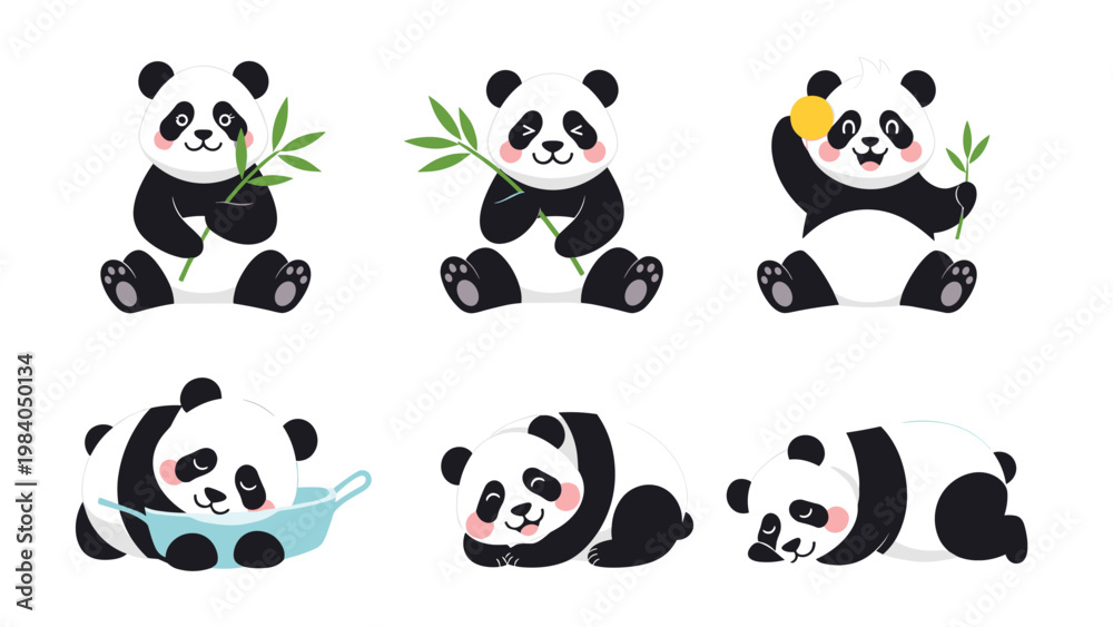 Naklejka premium Adorable panda bear character set showing different activities like eating bamboo, playing, and sleeping in various cute poses.