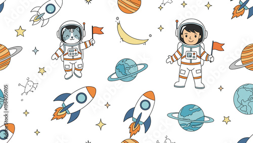 Seamless space pattern with cute astronauts, colorful planets, rockets, and stars designed for children and astronomical themes.