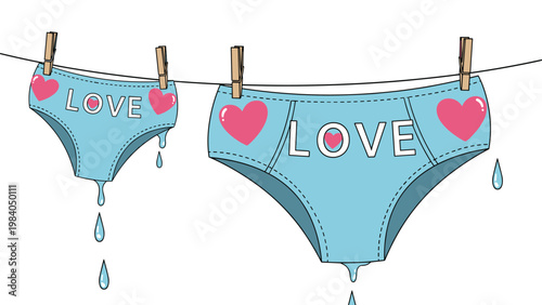 Pair of blue underwear with hearts and the word love hanging to dry on a laundry line, symbolizing domestic life and affection.