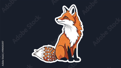 Detailed artistic sticker illustration of a red fox sitting and looking back against a dark background in a natural wildlife style.