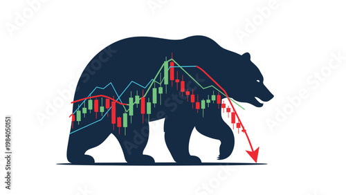 Bear silhouette overlay with a stock market candlestick chart showing a downward trend, representing a bearish economic situation.