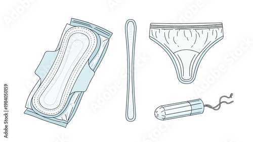 Essential feminine hygiene products including a sanitary pad, panty liner, and tampon shown alongside women's underwear garments.