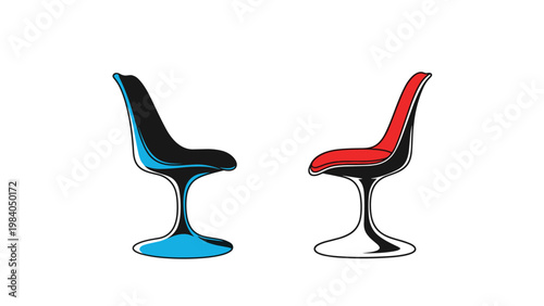Two modern designer chairs in blue and red colors facing each other in a minimalist interior setting, representing conversation.