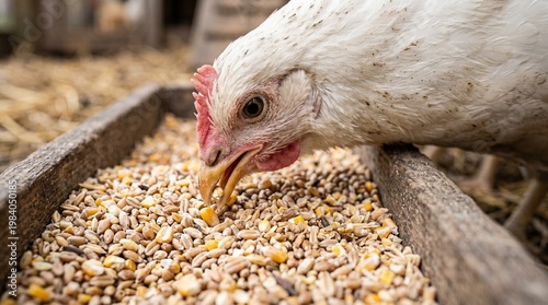 Close-up of a white chicken eating from a wooden feeder filled with grain on a farm.