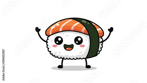 Happy sushi character mascot with a smiling face and arms raised, illustrating fun Japanese cuisine and food branding concepts.