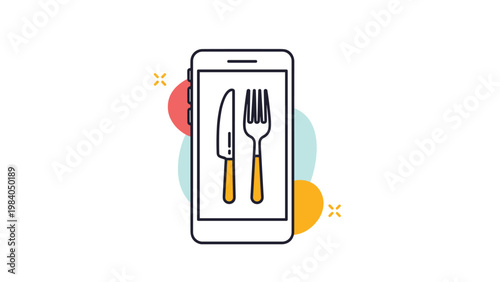 Mobile phone icon showing a knife and fork on the display, representing online food ordering services and restaurant reservation.