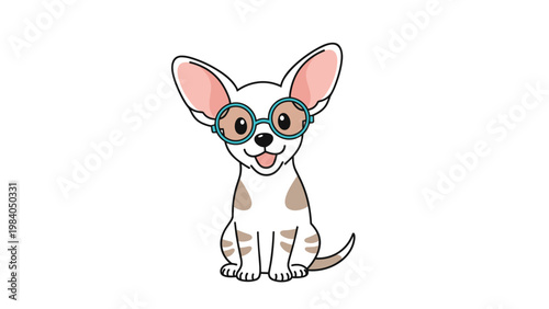 Cute chihuahua dog character wearing round blue glasses looking adorable and smart in a simple cartoon illustration.