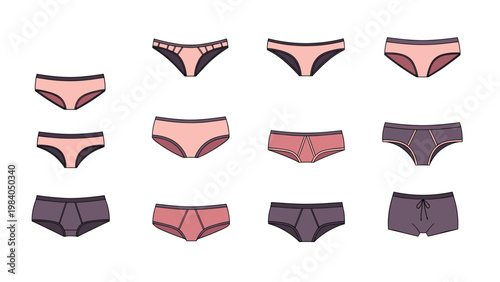 Set of female underwear styles in various shades of pink and purple including briefs, bikinis, and shorts for fashion.