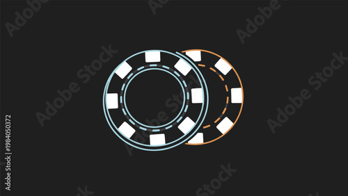 Two poker chips in blue and gold colors on a solid black background representing gambling and casino entertainment.