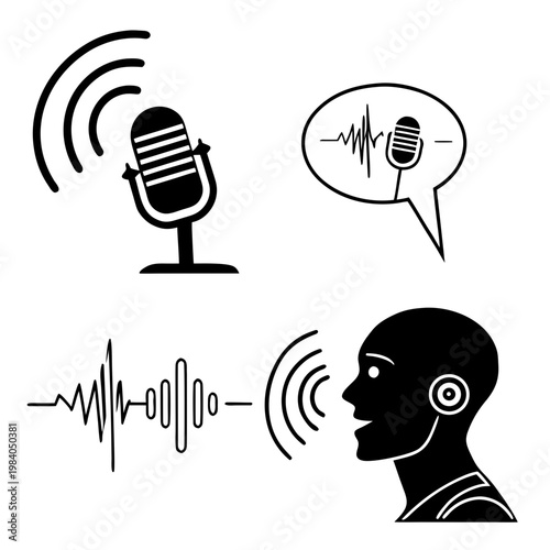 A vector graphic illustration of a microphone and a person wearing headphones with sound waves emanating from them