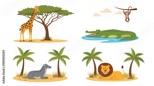 Diverse collection of African wildlife including giraffe, monkey, crocodile, lion, and rhinoceros in their natural habitats.
