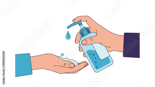 Detailed close up illustration of someone applying liquid hand sanitizer from a dispenser bottle to their hand for hygiene.