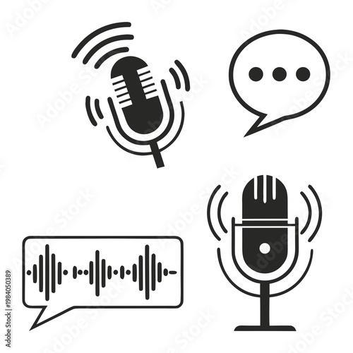 A set of four black and white vector icons depicting microphones and speech bubbles for audio recording and communication