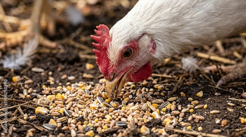 Close-up of a white hen eating grain and seeds on the ground