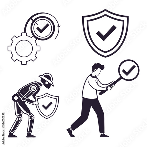 A vector graphic illustration of a man and robot working together to secure and verify a checklist