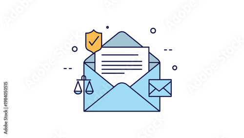 Open blue envelope containing a document surrounded by icons for law, security, and communication like scales and a shield.