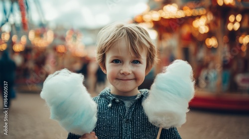 Blond boy smiling holding cotton candy at fairground