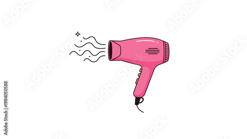 Modern pink hair dryer blowing air with decorative star and wavy line accents in a clean and stylish beauty product illustration.