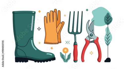 Essential gardening tools collection featuring a dark green rubber boot, protective gloves, a hand fork, and pruning shears.
