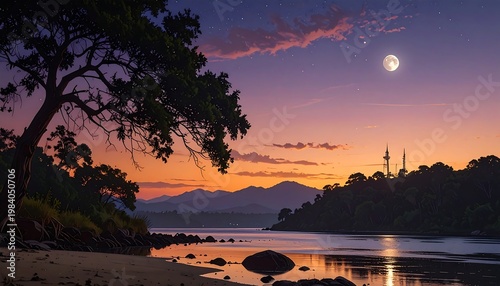 A serene coastal landscape at dusk with a tree on the left, mountains in the background, and a body of water reflecting the vibrant sky
