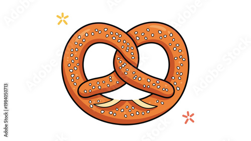 Large delicious baked pretzel with coarse salt grains shown as an appetizing snack illustration with decorative gold stars.
