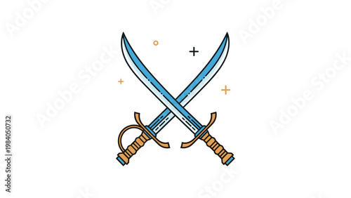 Two classic scimitar swords with curved steel blades crossed in a symmetrical display with decorative star and cross icons.