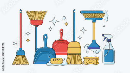 Diverse collection of household cleaning equipment featuring brooms, dustpans, a sponge, a bar of soap, and a spray bottle.