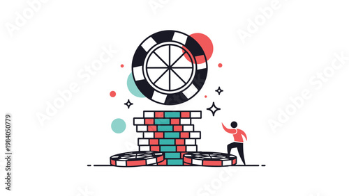 Person climbing a tall stack of colorful poker chips towards a large gambling coin symbol representing high risk and reward.
