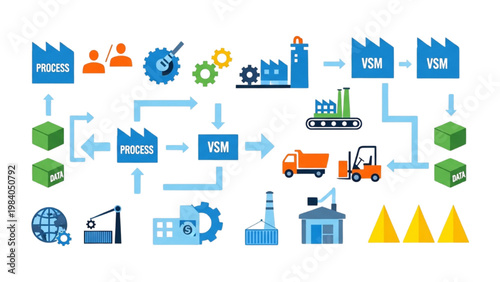 Value Stream Mapping VSM Icon Set, Lean Manufacturing Process Symbols, Colorful Vector Icons for Supply Chain Logistics and Industrial Data Flow Map