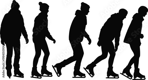 Ice skating people silhouettes, winter activity figures for sport and recreation illustration