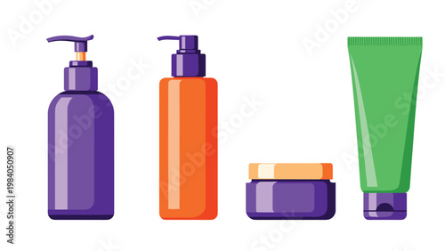 Collection of colorful cosmetic product containers including purple pump bottles, a cream jar, and a green squeeze tube.
