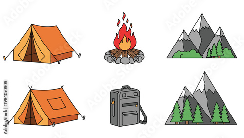 Diverse collection of camping and hiking icons including several tents, campfires, backpacks, and mountain landscapes.