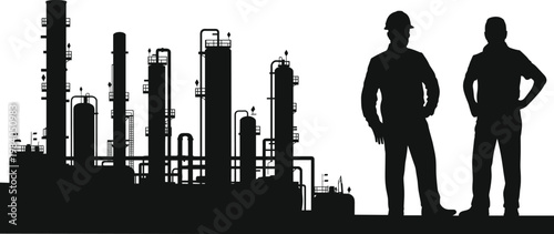 Industrial workers silhouettes with refinery plant, engineering teamwork concept for oil industry design