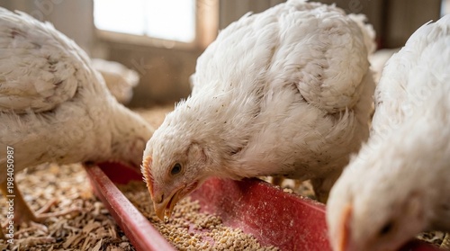 Young chickens eating feed from a red trough in a barn, close-up