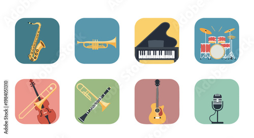 jazz instrument colorful icon set, 9 icons, rounded square pastel backgrounds, flat design, minimal clean UI style