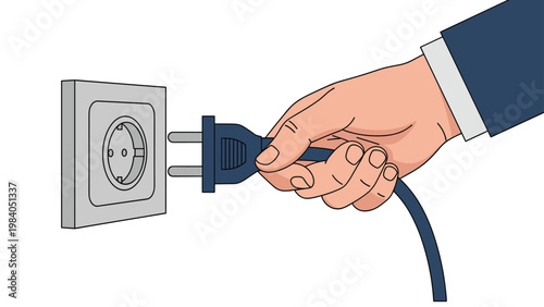 Businessman hand in a suit sleeve plugging a blue electric power cord into a wall socket for energy and connection on white background.