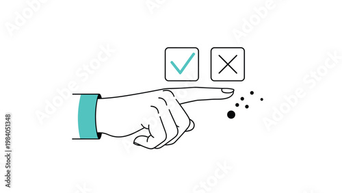 Simple line drawing of a hand with index finger pointing towards a choice between a green checkmark box and a black cross box.
