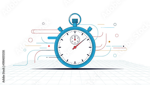 Blue stopwatch icon showing time measurement with abstract colorful lines in the background representing speed and efficiency in timing.