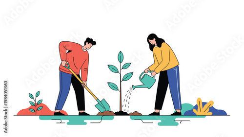 Man and woman working together to plant and water a young tree sapling for environmental protection and nature conservation sustainability.